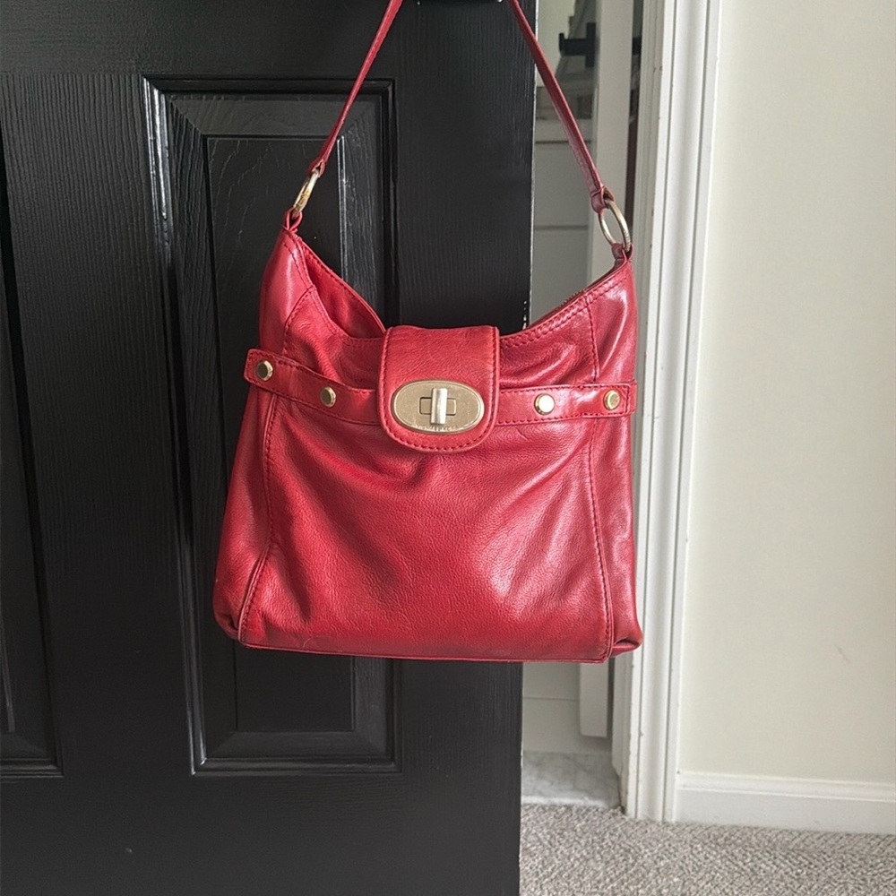 Authentic Michael Kors Red Leather Shoulder Bag with Turn-Lock Accent